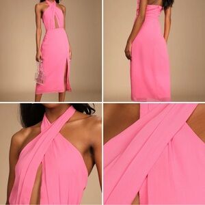 Lulus Halter Midi Dress Small Bright Pink Flirty Chiffon Cutout Twist-Front NWT